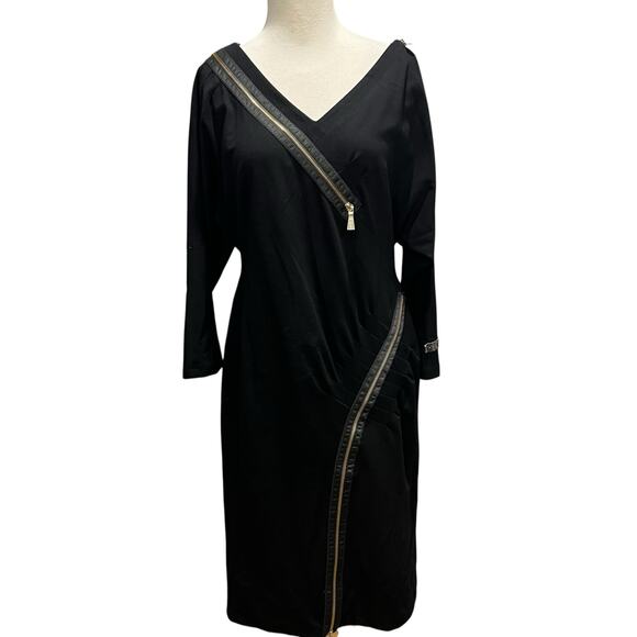 Maria Grazia Severi Sheath Dress 12 Black Zipper Detail Stretch Cocktail Italy - Picture 1 of 16